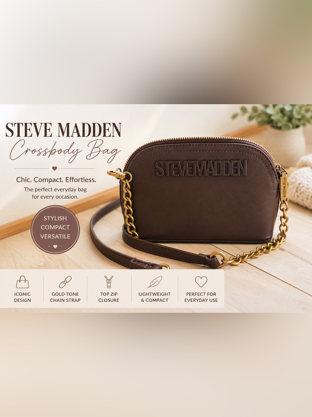Steve Madden Brown Crossbody Bag Gold Chain Strap Logo Dome Purse